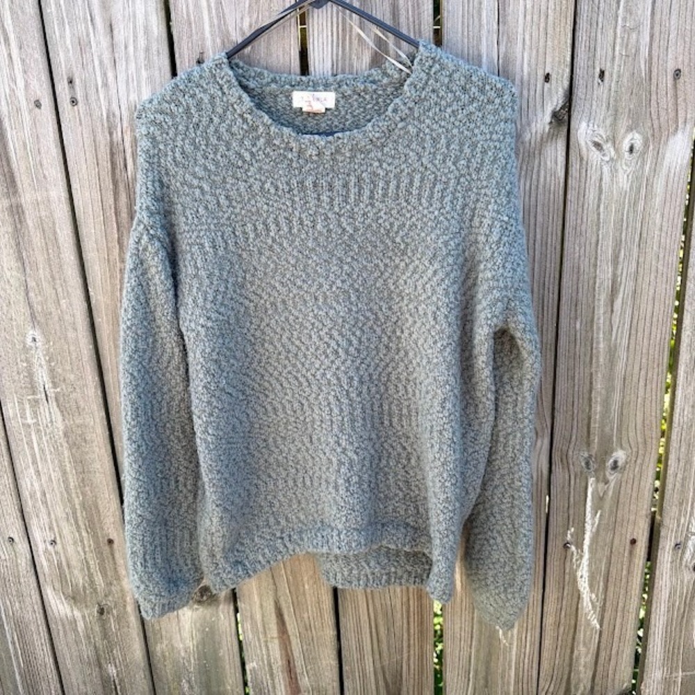 Gorpcore Boho Yes Lola Popcorn Knit Sweater Large Sage Green Crew Neck Chunky